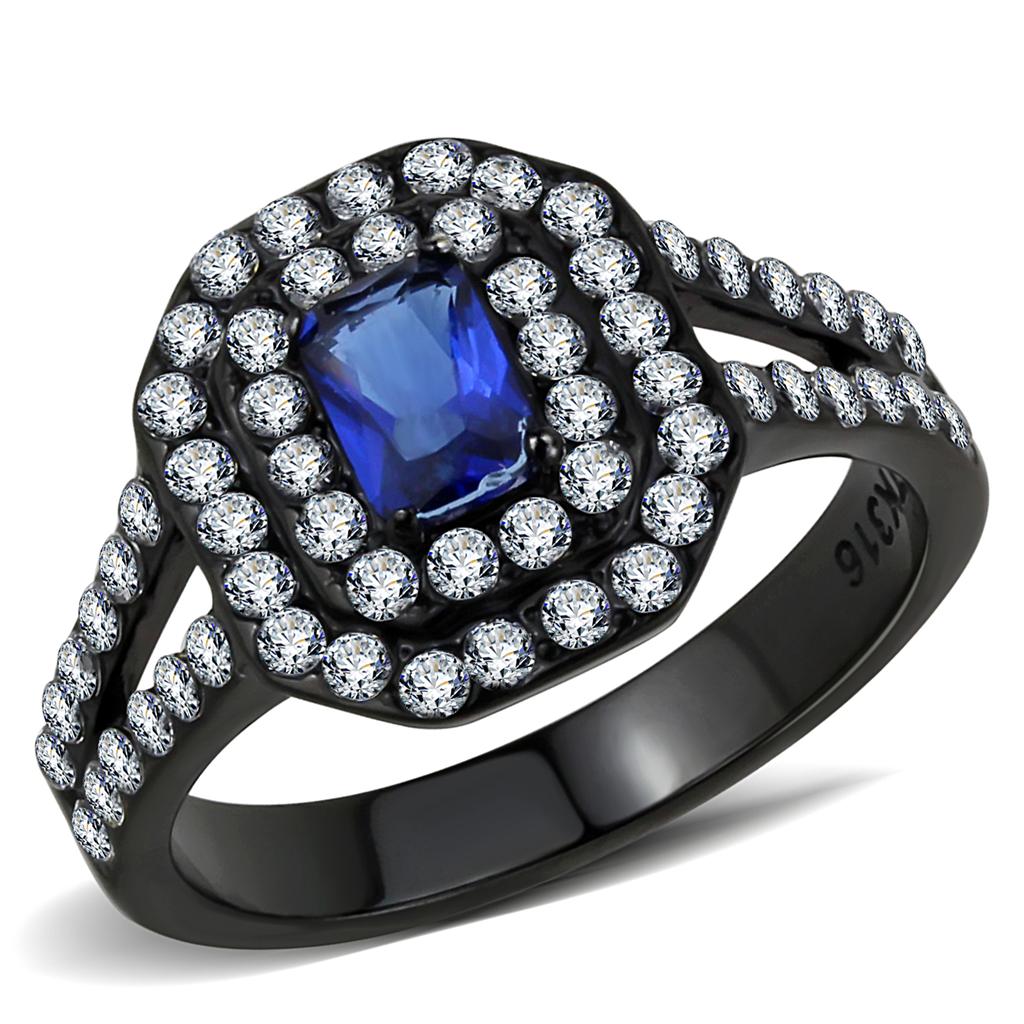 TK3449 IP Black Stainless Steel Ring featuring a synthetic glass center stone in Montana color, showcasing a modern and elegant design.