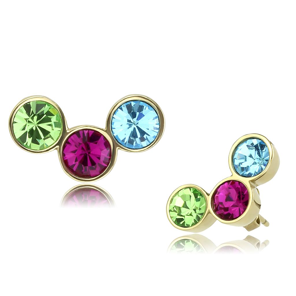 TK3492 IP Gold Stainless Steel Earrings featuring multi-color top-grade crystals, elegantly designed for any occasion.