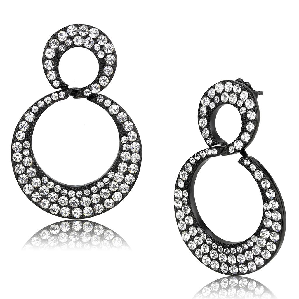 TK3493 IP Black Stainless Steel Earrings featuring top grade clear crystal, showcasing a modern design with ion plating finish.