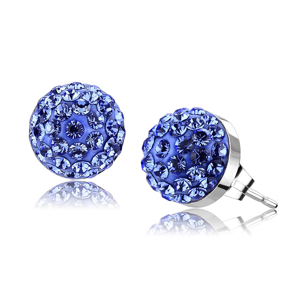 TK3550 High Polished Stainless Steel Earrings featuring sapphire crystals, showcasing a sleek and elegant design.