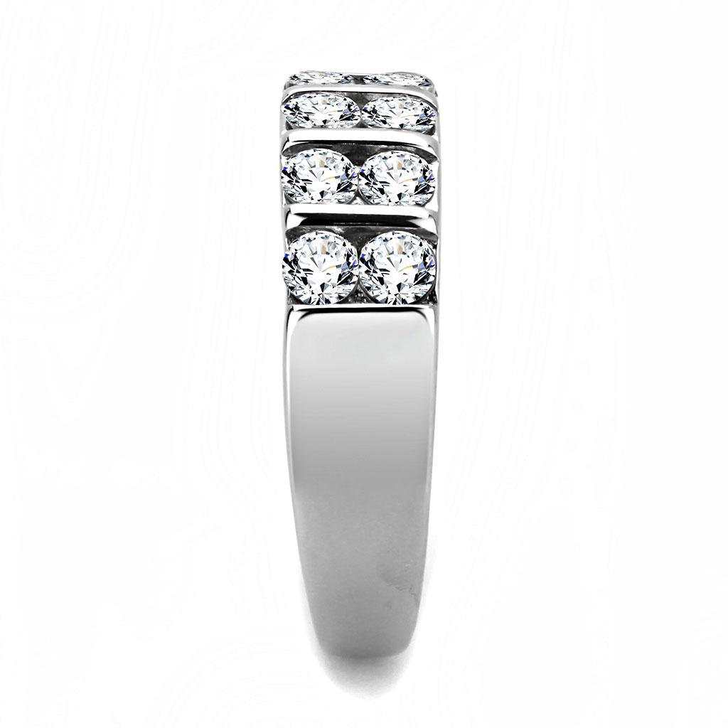 TK3504 High Polished Stainless Steel Ring featuring a clear AAA grade CZ stone, showcasing its elegant design and shiny finish.