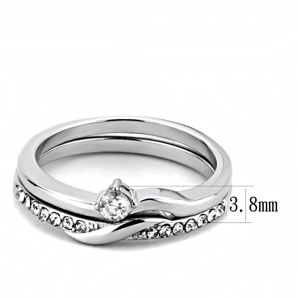 TK3508 High Polished Stainless Steel Ring featuring a clear AAA grade cubic zirconia center stone, showcasing a sleek and elegant design.