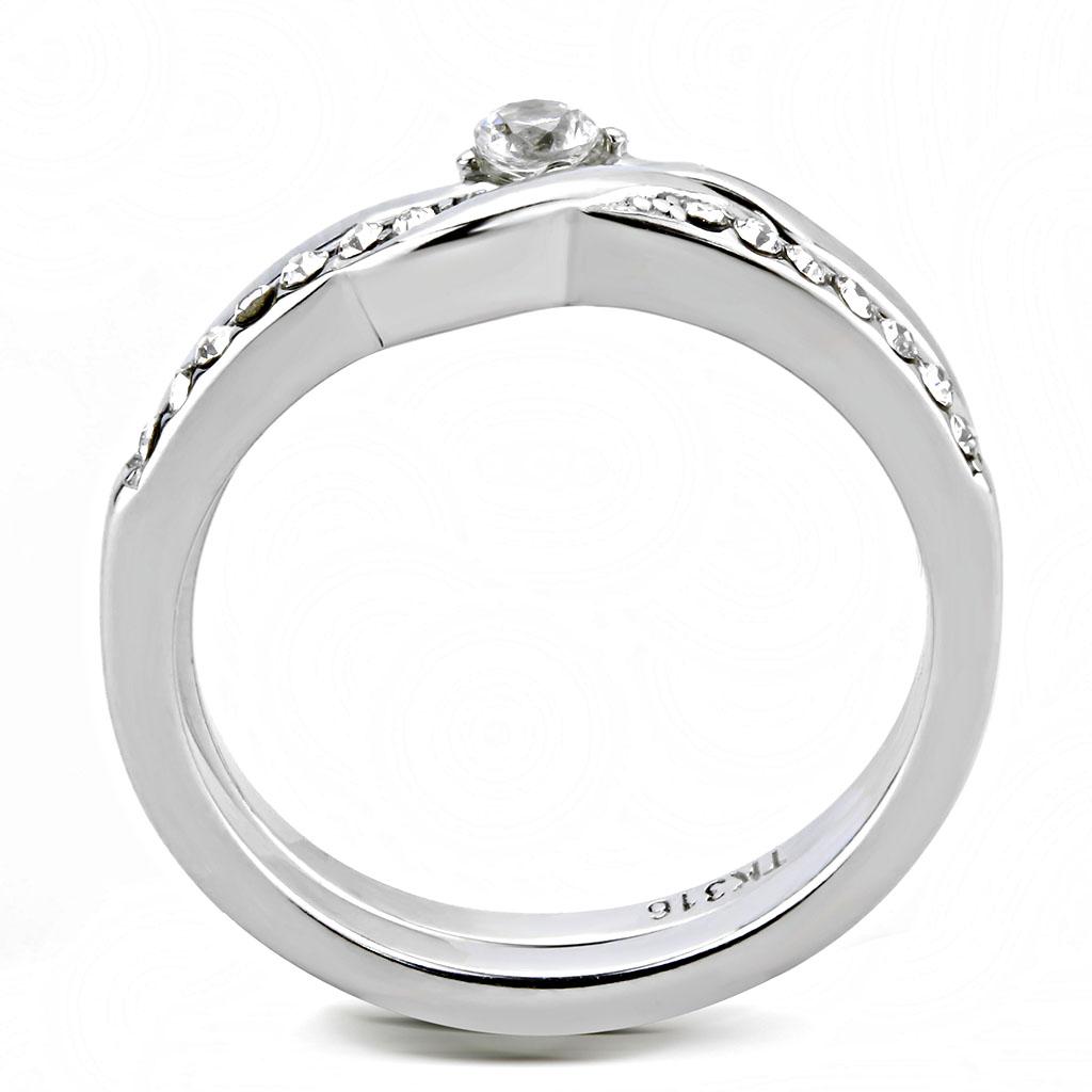 TK3508 High Polished Stainless Steel Ring featuring a clear AAA grade cubic zirconia center stone, showcasing a sleek and elegant design.