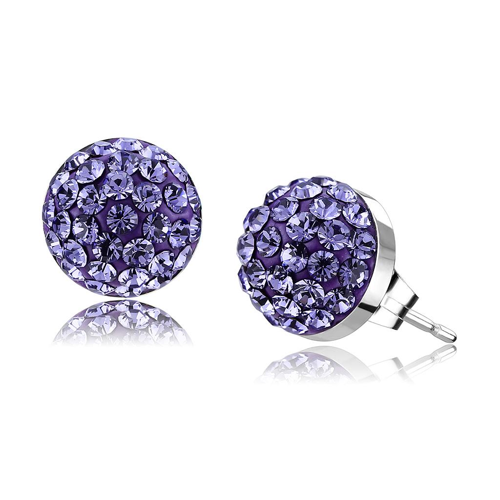 High polished stainless steel earrings featuring tanzanite crystals, showcasing elegance and modern design.