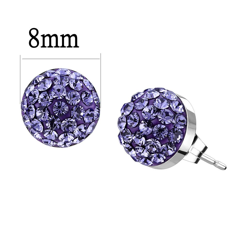 High polished stainless steel earrings featuring tanzanite crystals, showcasing elegance and modern design.