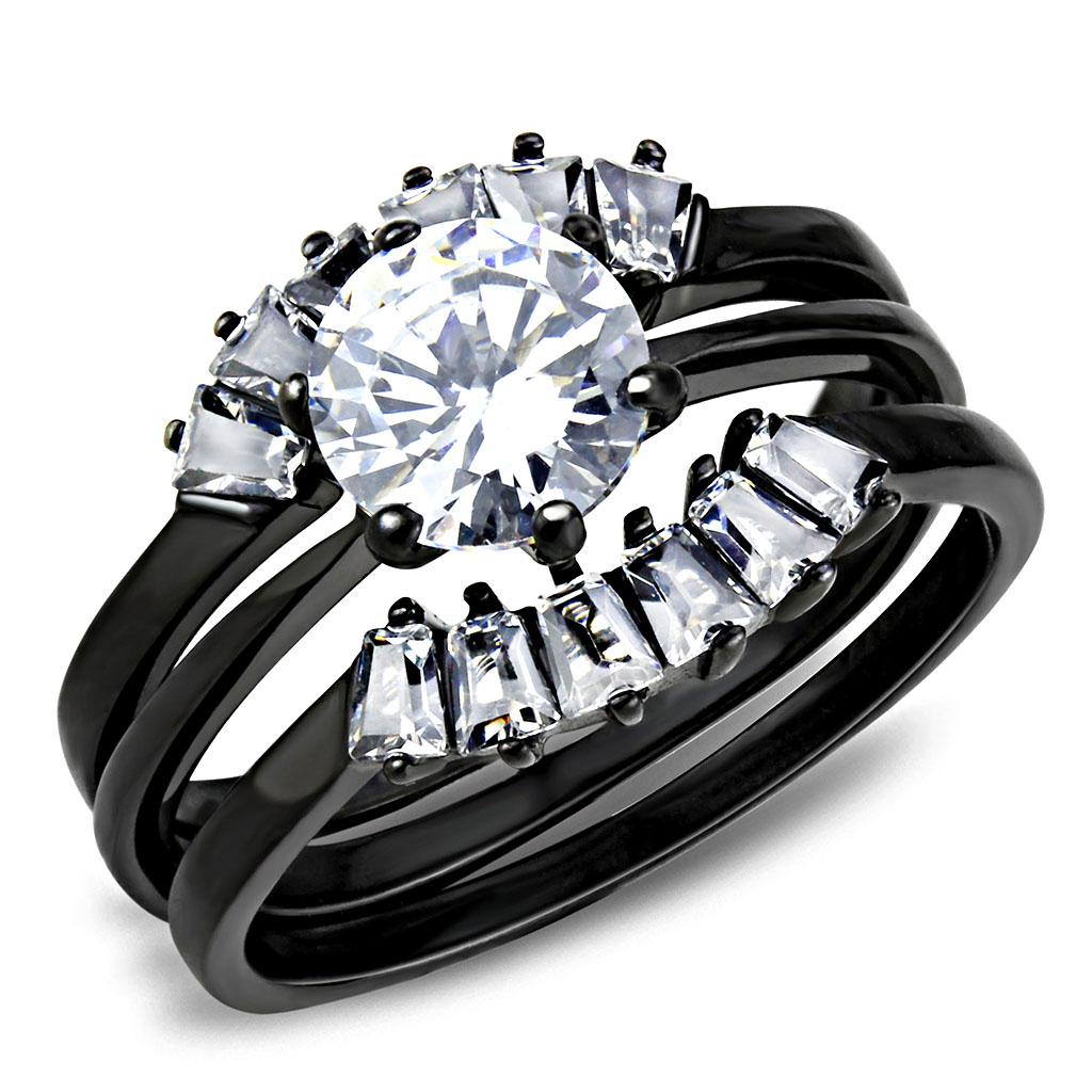 TK3514 IP Black Stainless Steel Ring featuring AAA Grade CZ, showcasing its elegant design and clear center stone.