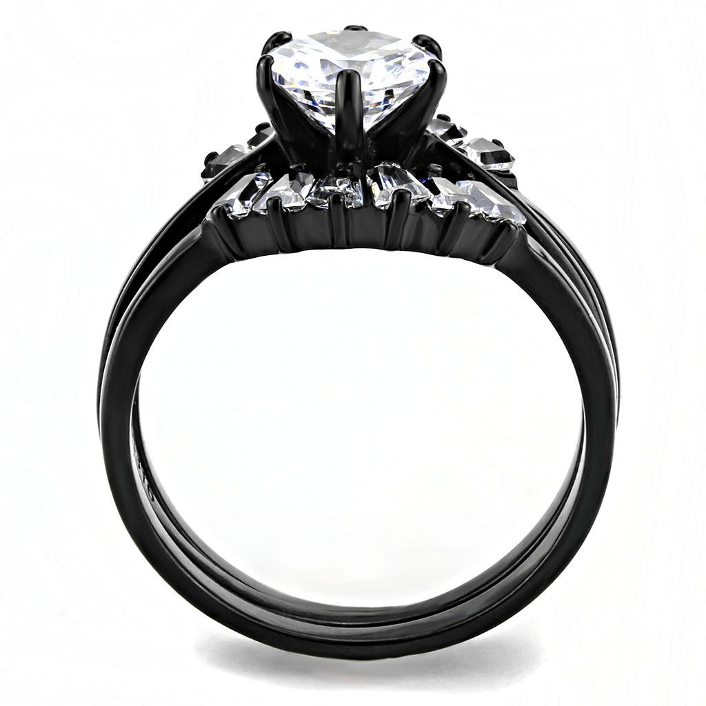 TK3514 IP Black Stainless Steel Ring featuring AAA Grade CZ, showcasing its elegant design and clear center stone.