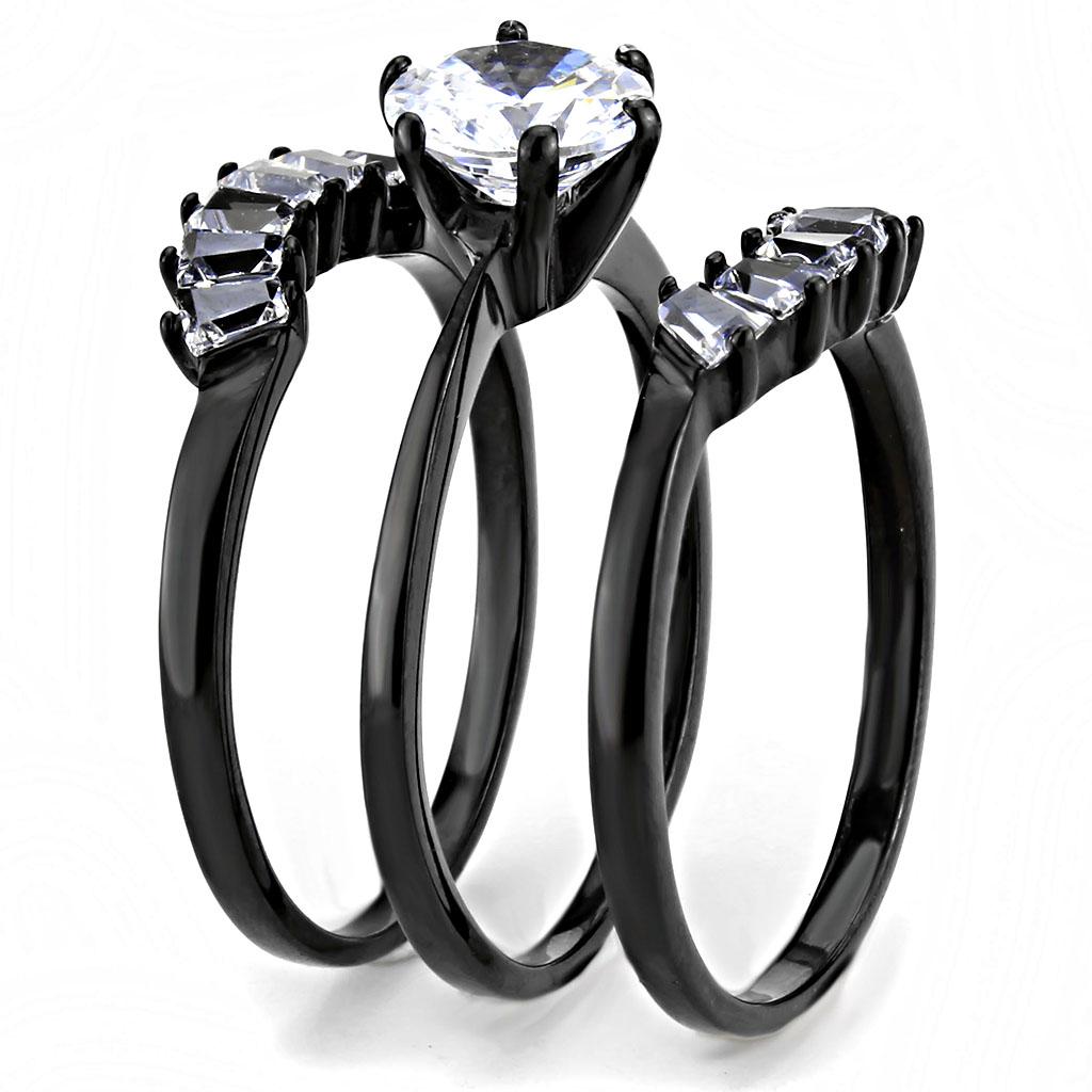 TK3514 IP Black Stainless Steel Ring featuring AAA Grade CZ, showcasing its elegant design and clear center stone.