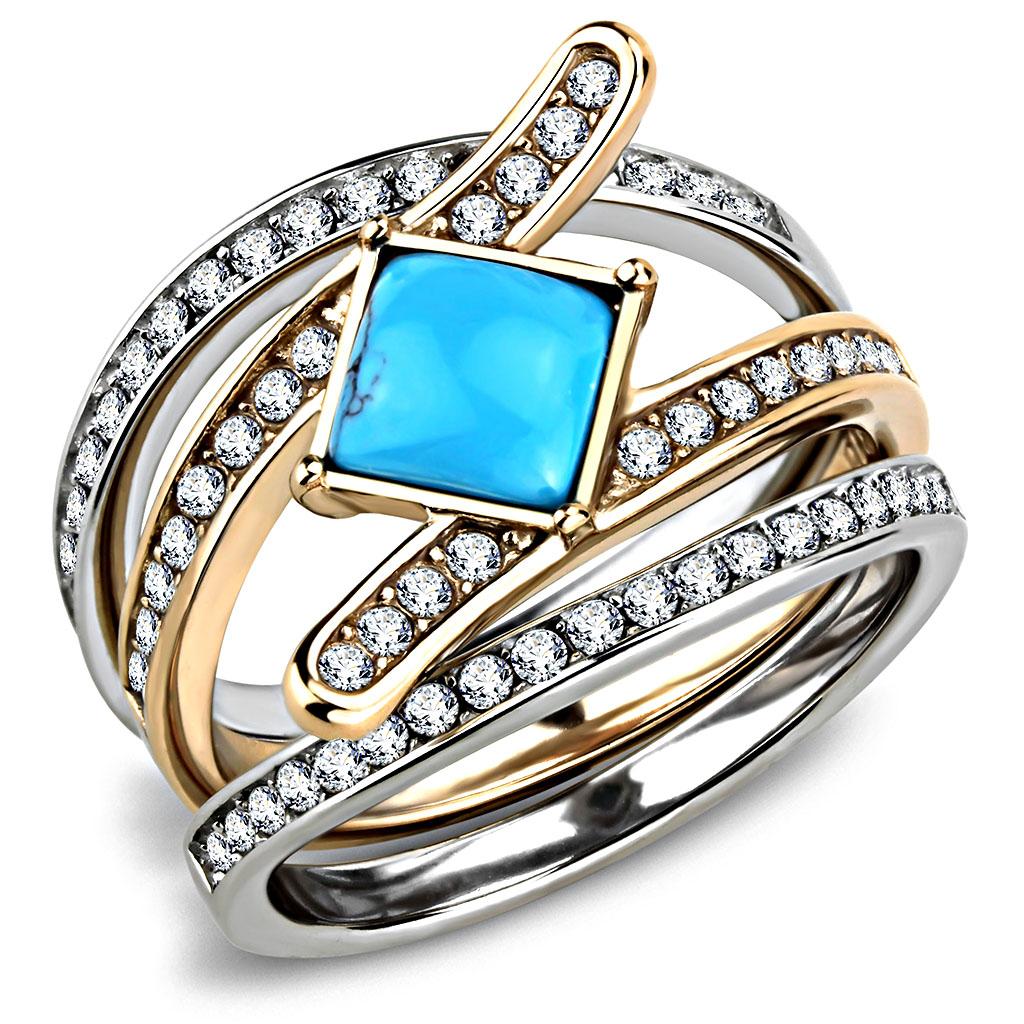 TK3519 Two-Tone IP Rose Gold Stainless Steel Ring featuring a synthetic turquoise stone in sea blue color.