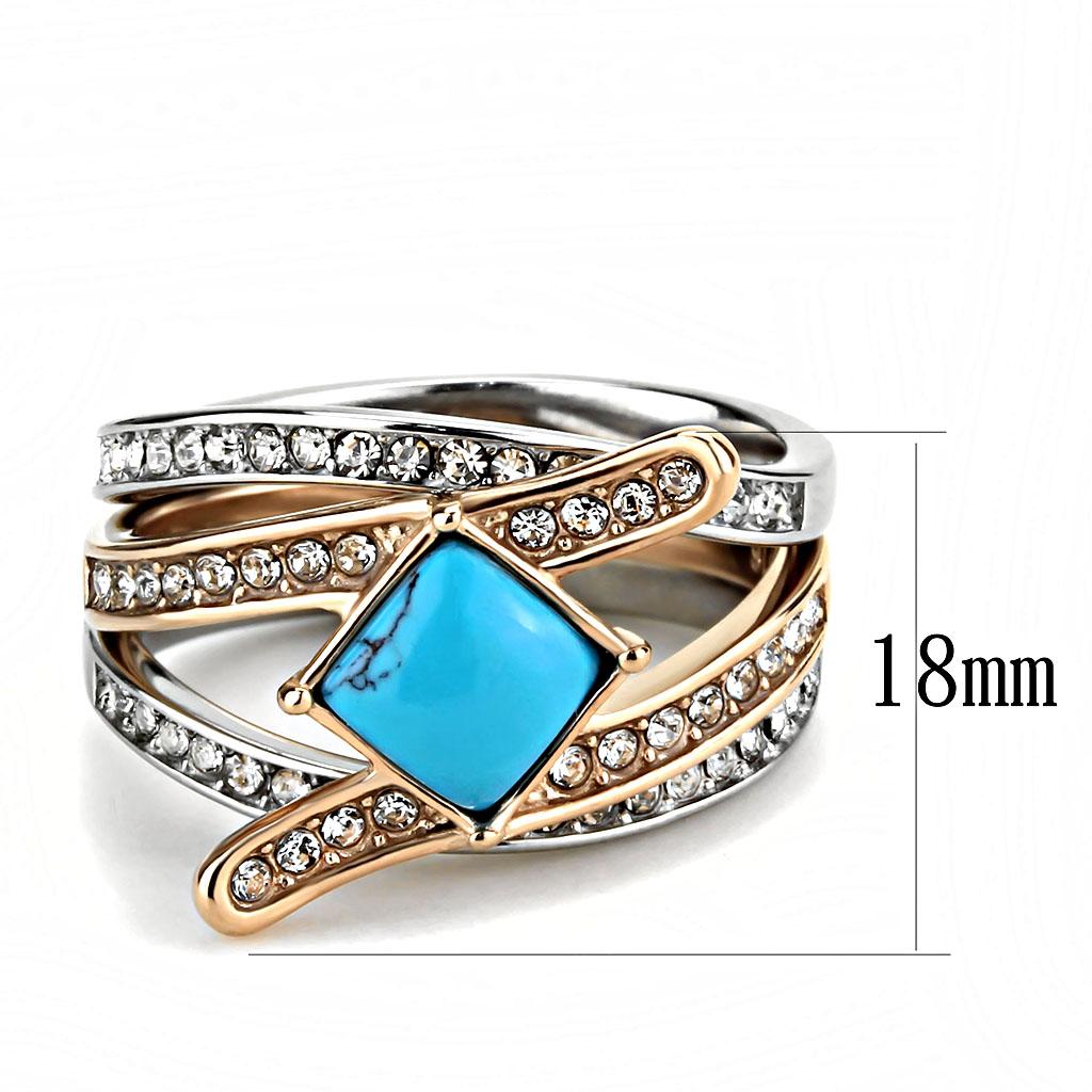 TK3519 Two-Tone IP Rose Gold Stainless Steel Ring featuring a synthetic turquoise stone in sea blue color.