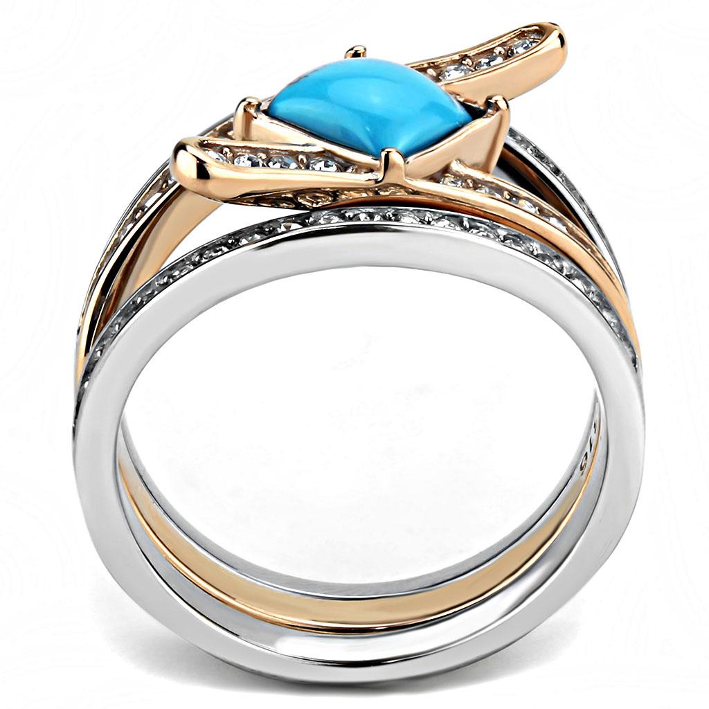 TK3519 Two-Tone IP Rose Gold Stainless Steel Ring featuring a synthetic turquoise stone in sea blue color.