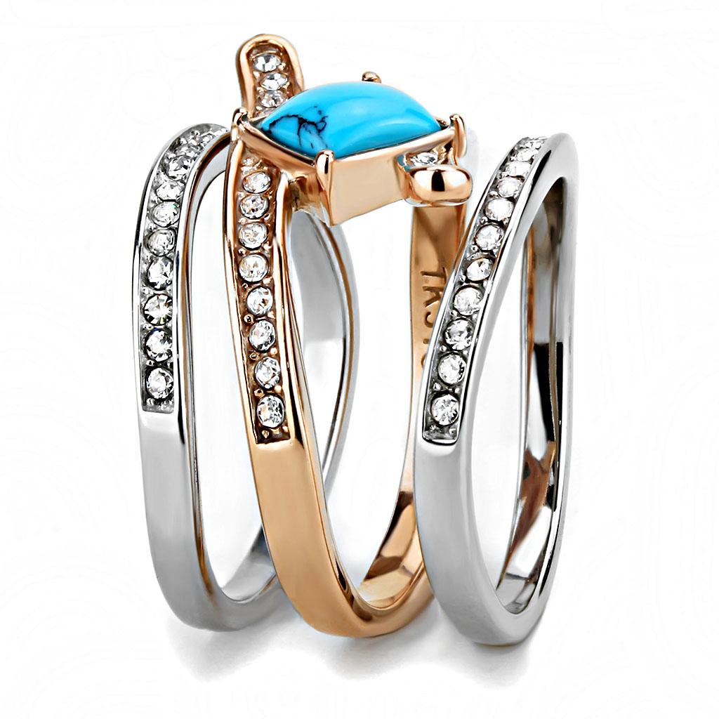 TK3519 Two-Tone IP Rose Gold Stainless Steel Ring featuring a synthetic turquoise stone in sea blue color.