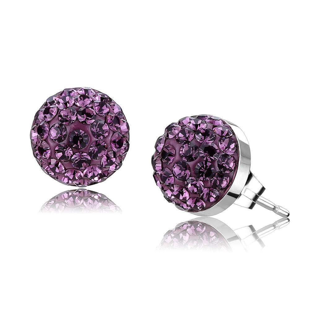 High polished stainless steel earrings featuring top grade Amethyst crystals, showcasing a brilliant shine and elegant design.