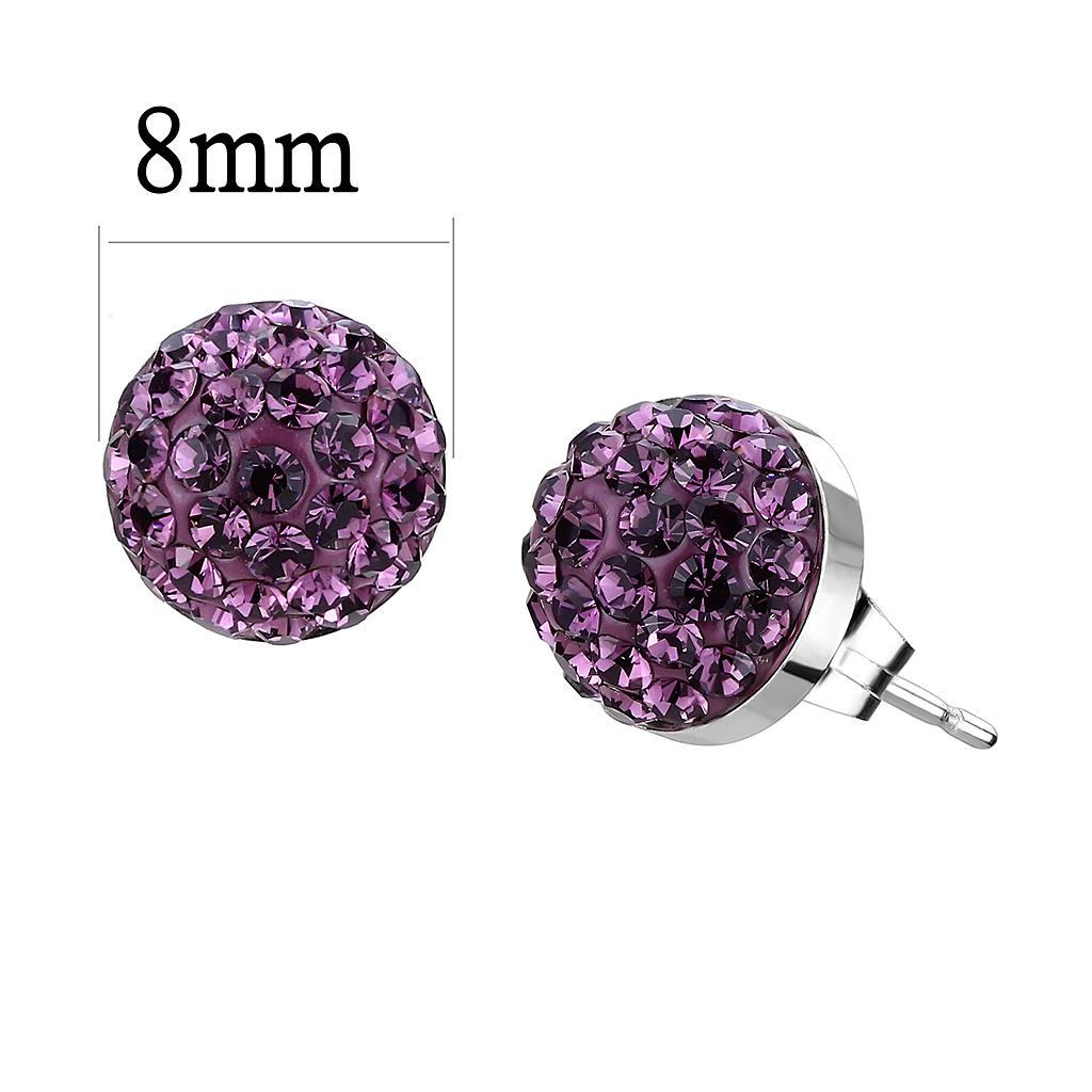 High polished stainless steel earrings featuring top grade Amethyst crystals, showcasing a brilliant shine and elegant design.