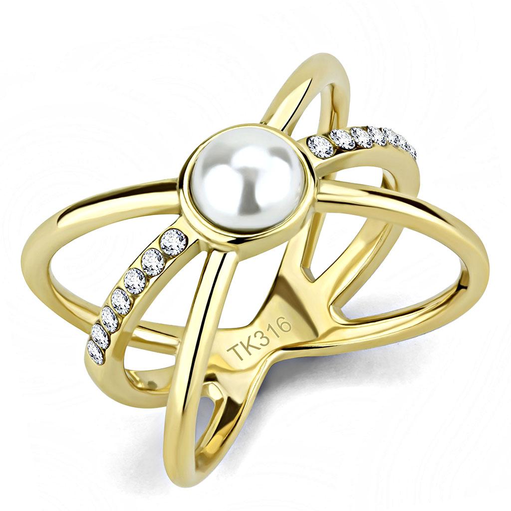 TK3522 IP Gold Stainless Steel Ring featuring a white synthetic pearl, showcasing its elegant design and luxurious finish.