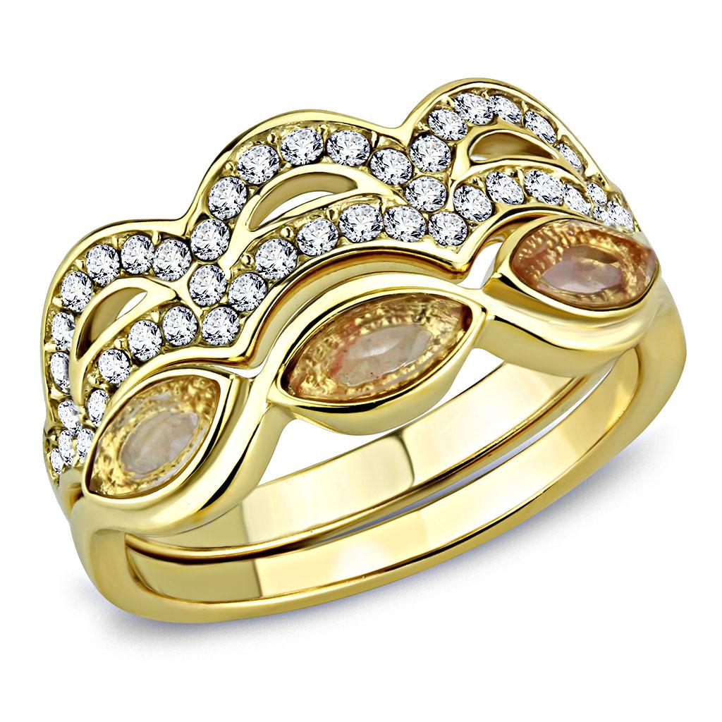 TK3521 IP Gold Stainless Steel Ring featuring a light peach synthetic glass center stone, showcasing its elegant design and luxurious finish.