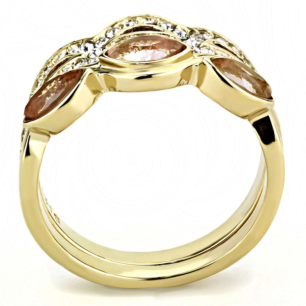 TK3521 IP Gold Stainless Steel Ring featuring a light peach synthetic glass center stone, showcasing its elegant design and luxurious finish.