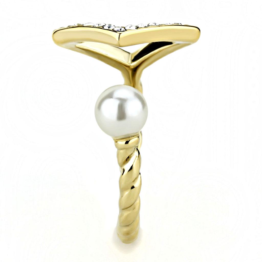 TK3523 IP Gold Stainless Steel Ring featuring a white synthetic pearl centerpiece, showcasing its elegant design and luxurious finish.