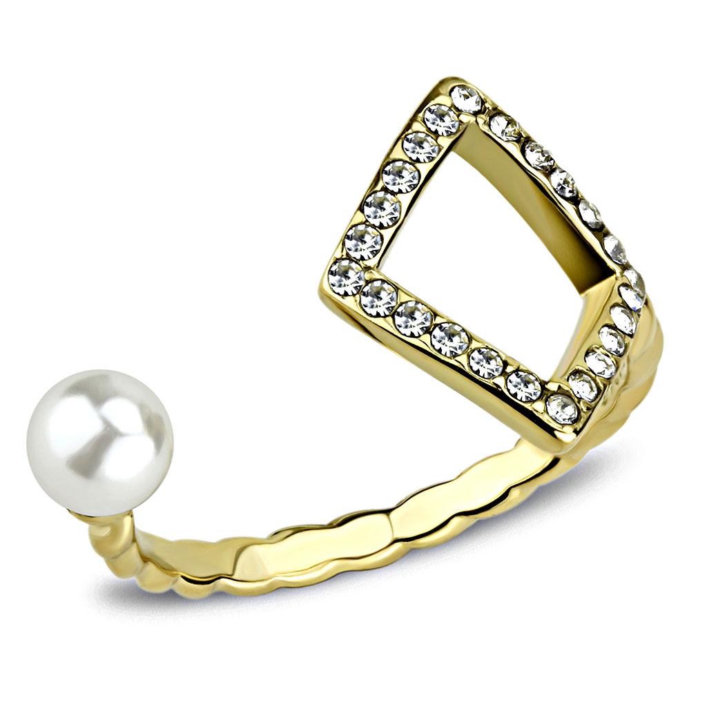 TK3523 IP Gold Stainless Steel Ring featuring a white synthetic pearl centerpiece, showcasing its elegant design and luxurious finish.