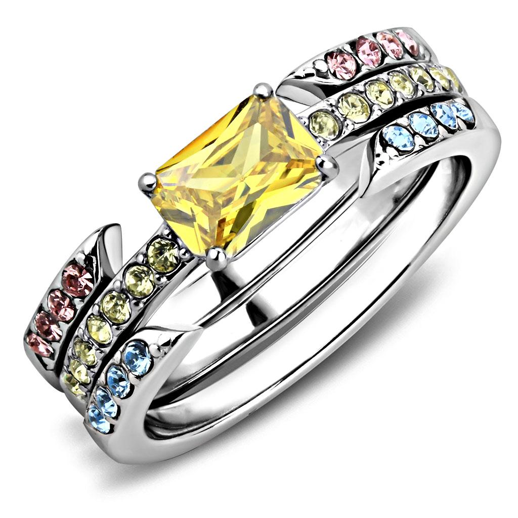 TK3526 High Polished Stainless Steel Ring featuring AAA Grade CZ in Topaz color, showcasing its elegant design and shine.