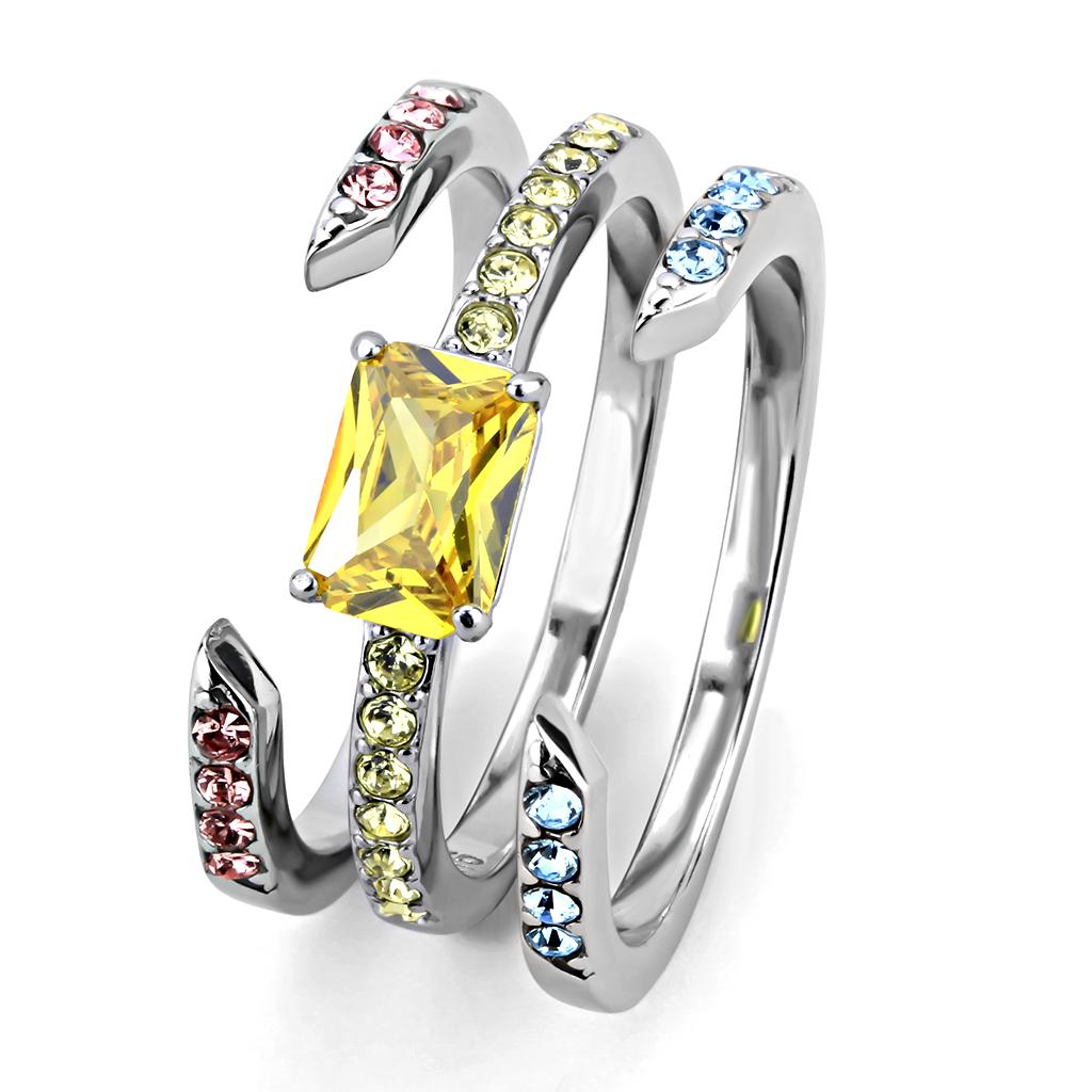 TK3526 High Polished Stainless Steel Ring featuring AAA Grade CZ in Topaz color, showcasing its elegant design and shine.