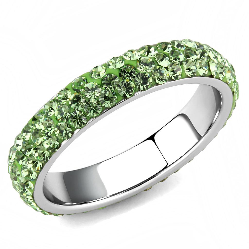 TK3537 High Polished Stainless Steel Ring featuring a vibrant Peridot crystal centerpiece, showcasing its elegant design and shiny finish.