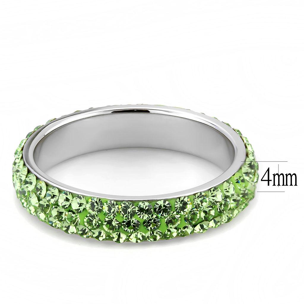 TK3537 High Polished Stainless Steel Ring featuring a vibrant Peridot crystal centerpiece, showcasing its elegant design and shiny finish.