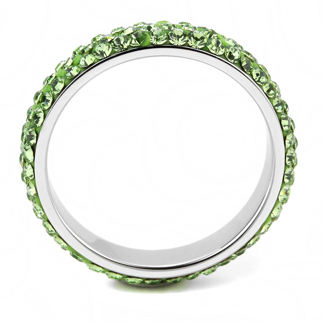 TK3537 High Polished Stainless Steel Ring featuring a vibrant Peridot crystal centerpiece, showcasing its elegant design and shiny finish.