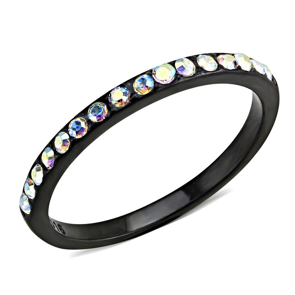 TK3556 IP Black Stainless Steel Ring featuring a Top Grade Aurora Borealis crystal, showcasing a sleek design with a modern finish.