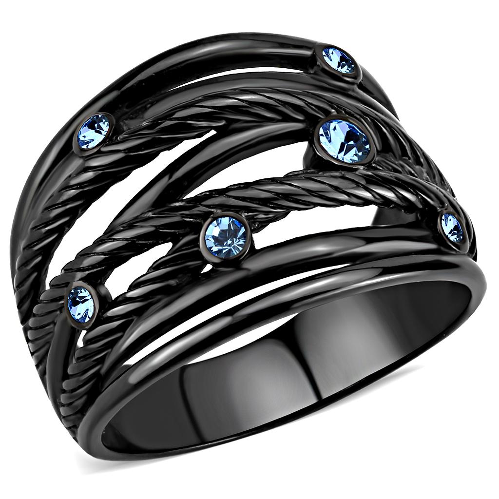 TK3564 IP Black Stainless Steel Ring featuring a sea blue top grade crystal, showcasing its elegant design and durable finish.