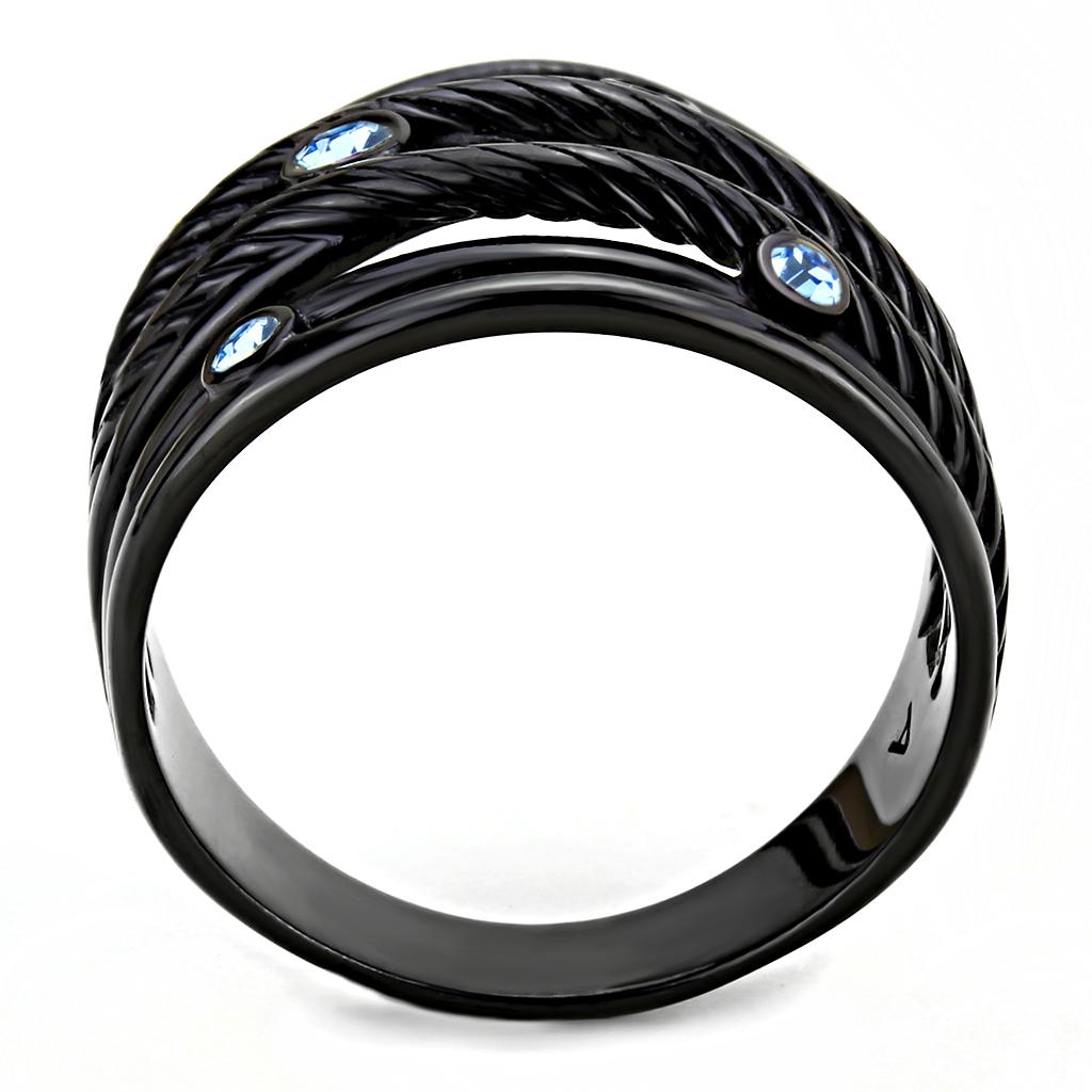 TK3564 IP Black Stainless Steel Ring featuring a sea blue top grade crystal, showcasing its elegant design and durable finish.