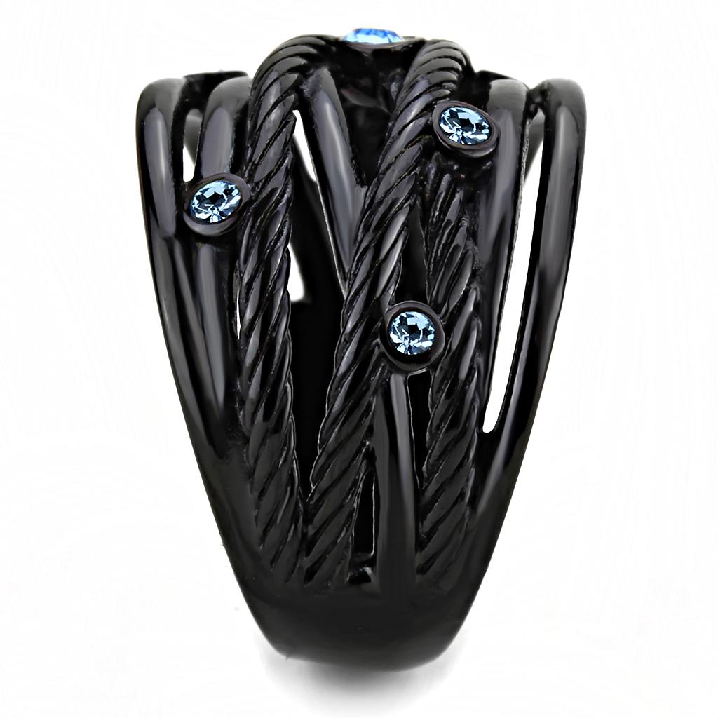 TK3564 IP Black Stainless Steel Ring featuring a sea blue top grade crystal, showcasing its elegant design and durable finish.