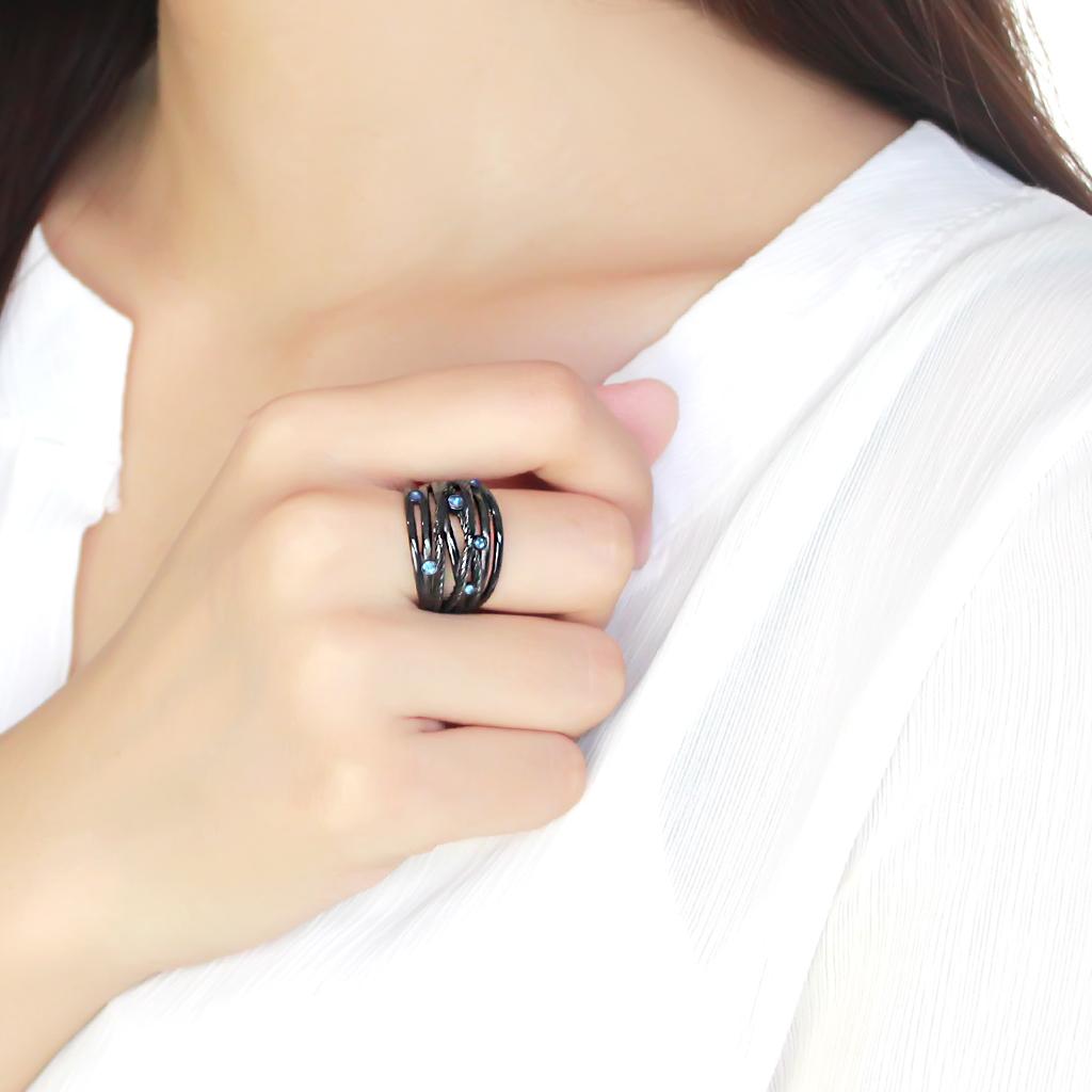 TK3564 IP Black Stainless Steel Ring featuring a sea blue top grade crystal, showcasing its elegant design and durable finish.