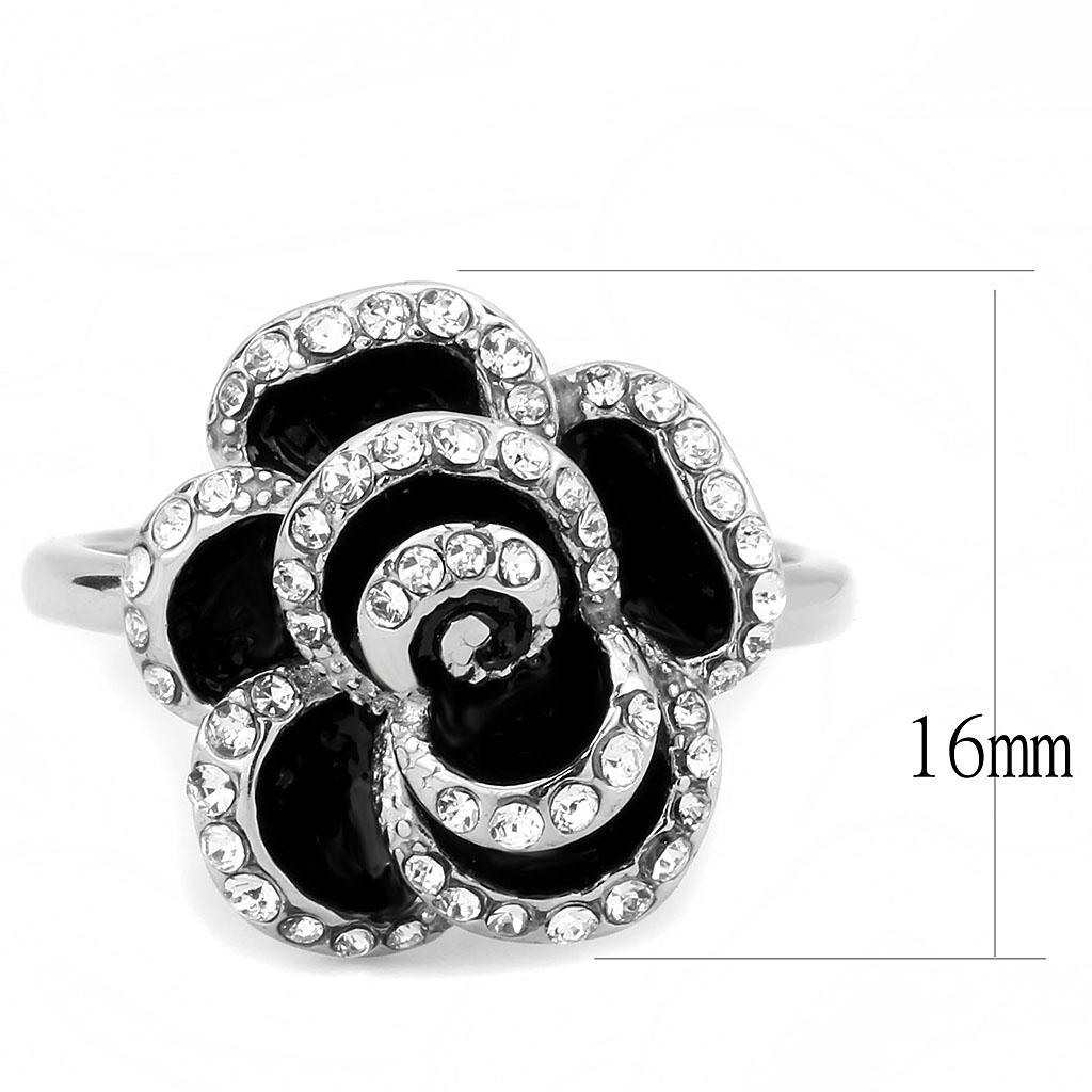 TK3577 No Plating Stainless Steel Ring featuring a clear top grade crystal, showcasing its elegant design and lightweight structure.