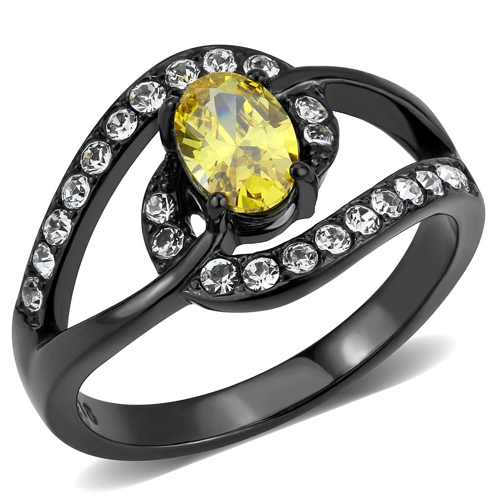 TK3571 IP Black Stainless Steel Ring featuring AAA Grade CZ center stone in topaz color, showcasing a modern design.