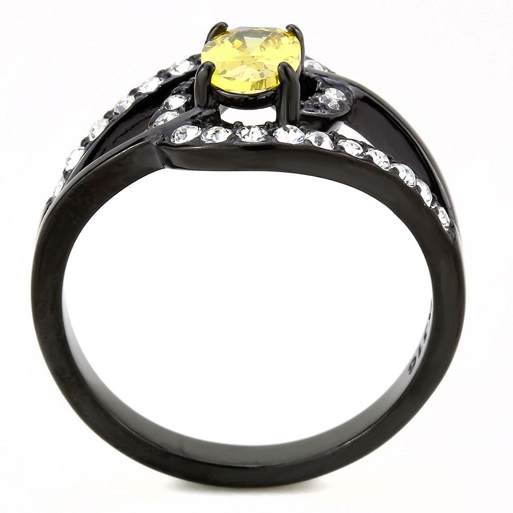 TK3571 IP Black Stainless Steel Ring featuring AAA Grade CZ center stone in topaz color, showcasing a modern design.