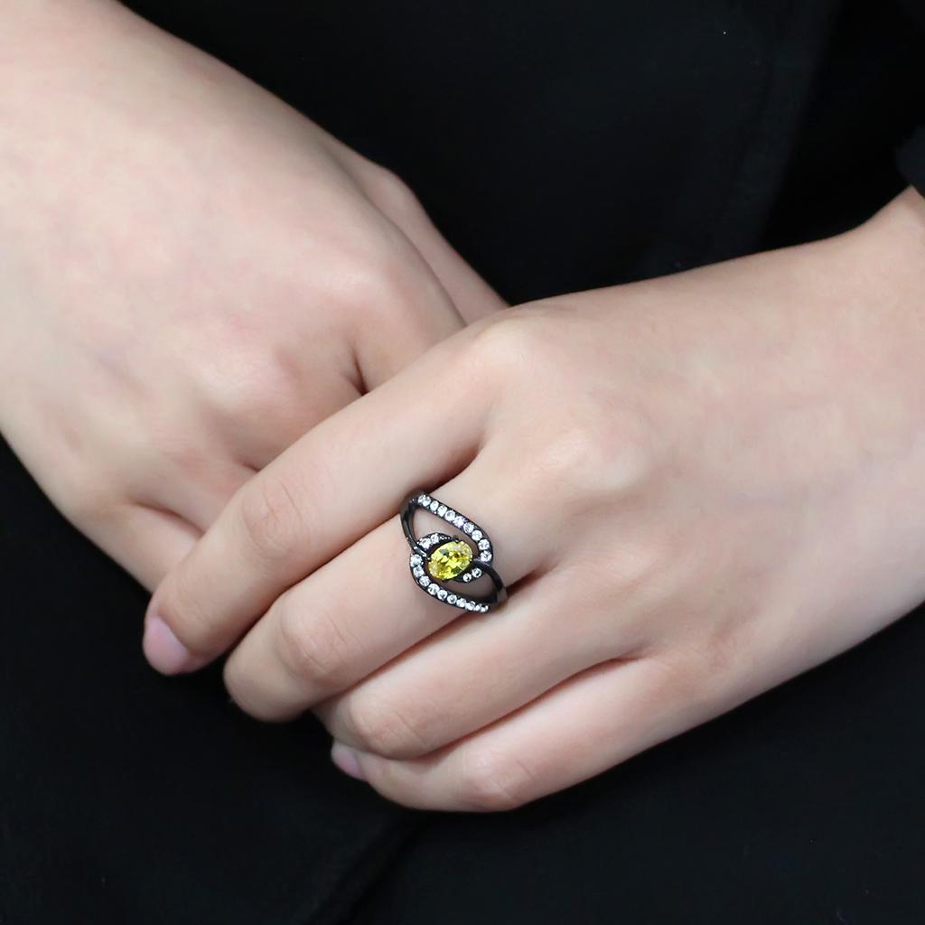 TK3571 IP Black Stainless Steel Ring featuring AAA Grade CZ center stone in topaz color, showcasing a modern design.