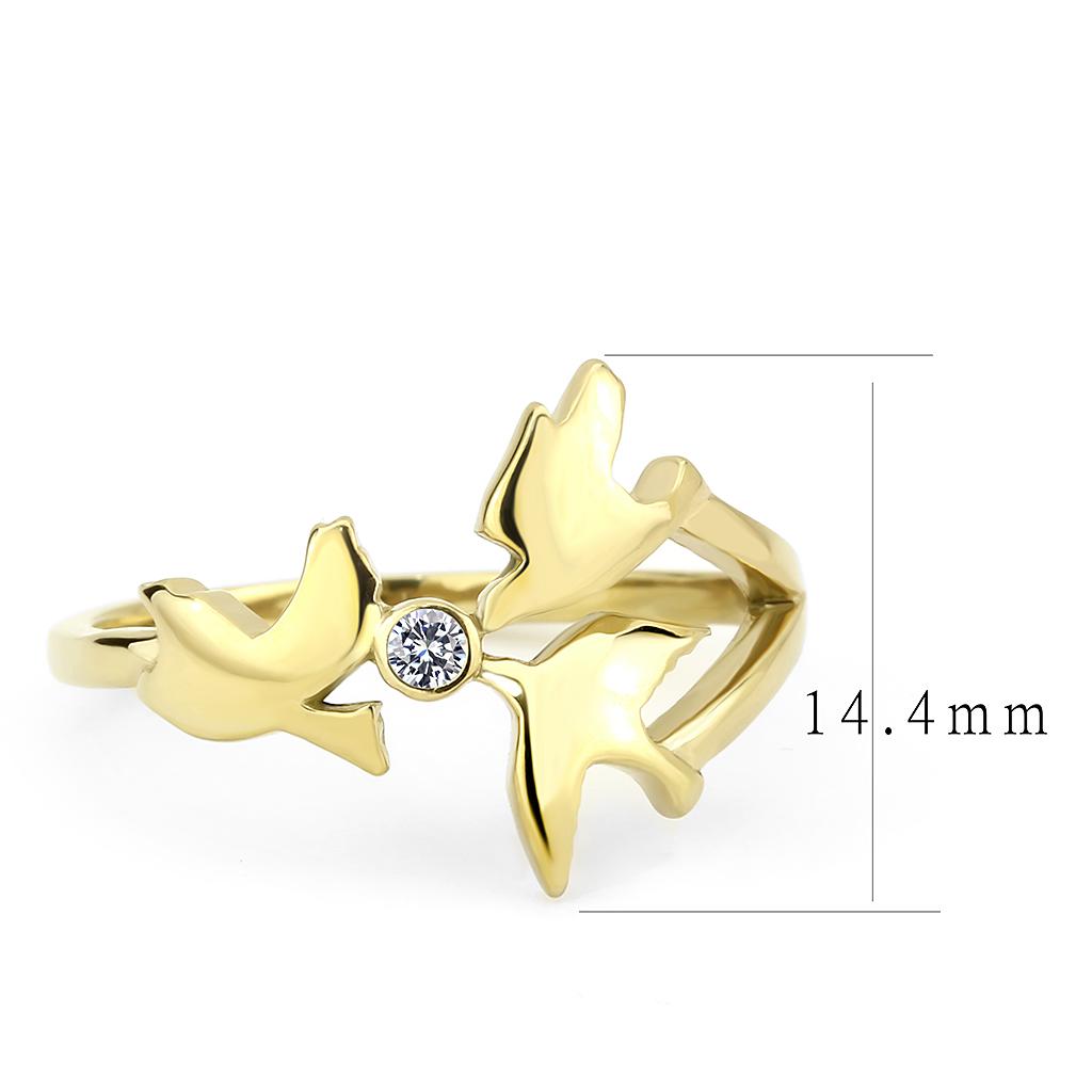 TK3573 IP Gold Stainless Steel Ring featuring AAA Grade Clear CZ stone, showcasing its elegant design and luxurious finish.