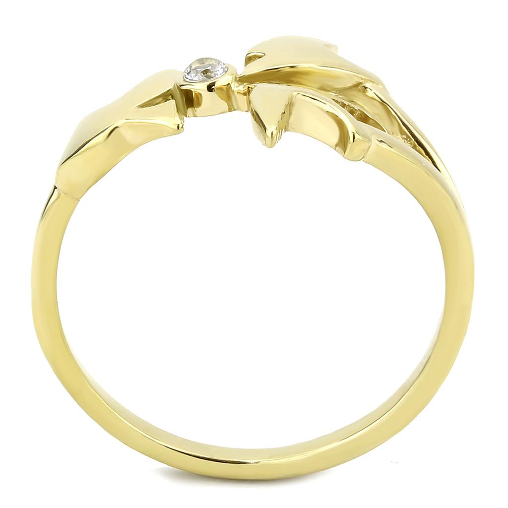 TK3573 IP Gold Stainless Steel Ring featuring AAA Grade Clear CZ stone, showcasing its elegant design and luxurious finish.