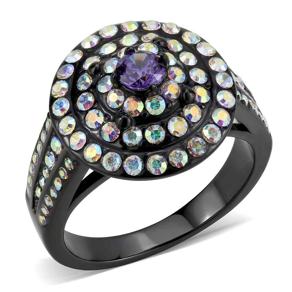 TK3580 IP Black Stainless Steel Ring featuring assorted multi-colored stones, showcasing a sleek design and durable finish.