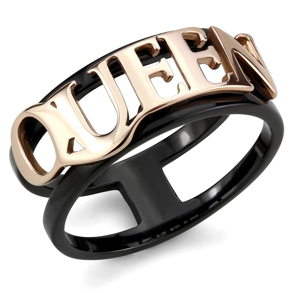 TK3584 IP Rose Gold and Black Stainless Steel Ring showcasing its elegant design and ion plating finish.