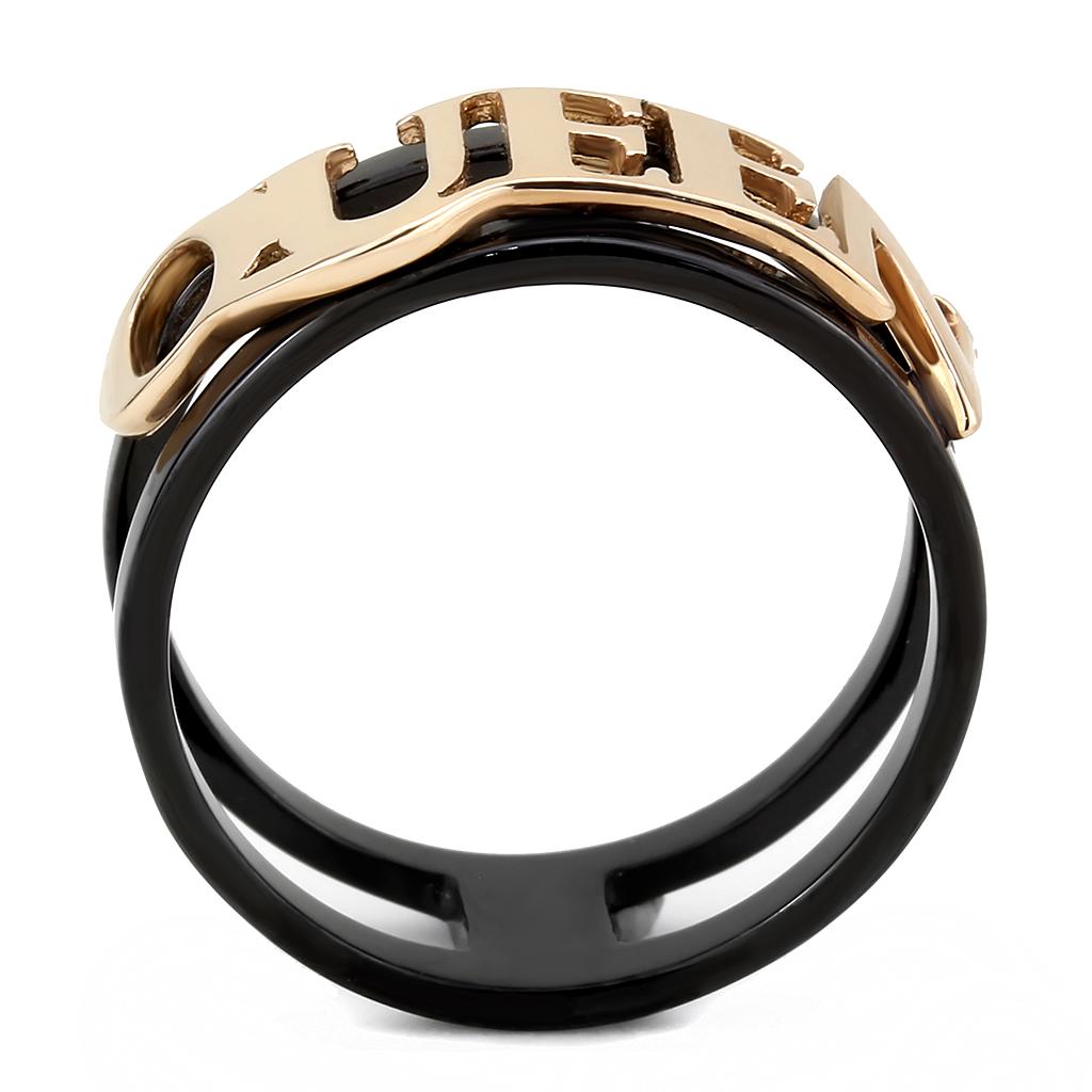 TK3584 IP Rose Gold and Black Stainless Steel Ring showcasing its elegant design and ion plating finish.