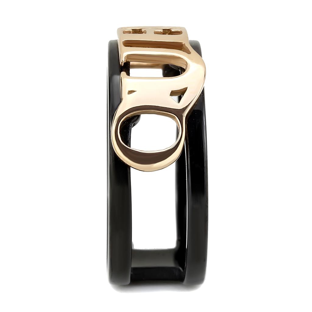 TK3584 IP Rose Gold and Black Stainless Steel Ring showcasing its elegant design and ion plating finish.