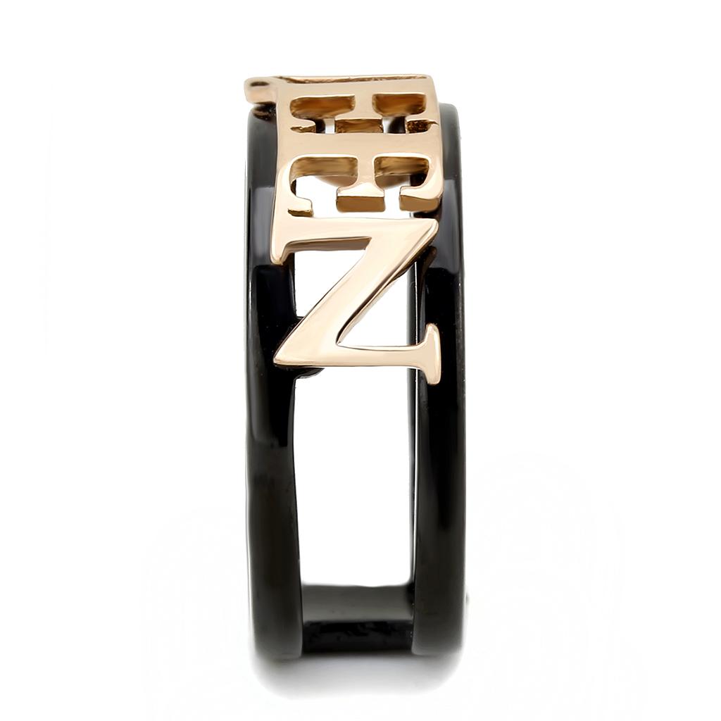 TK3584 IP Rose Gold and Black Stainless Steel Ring showcasing its elegant design and ion plating finish.