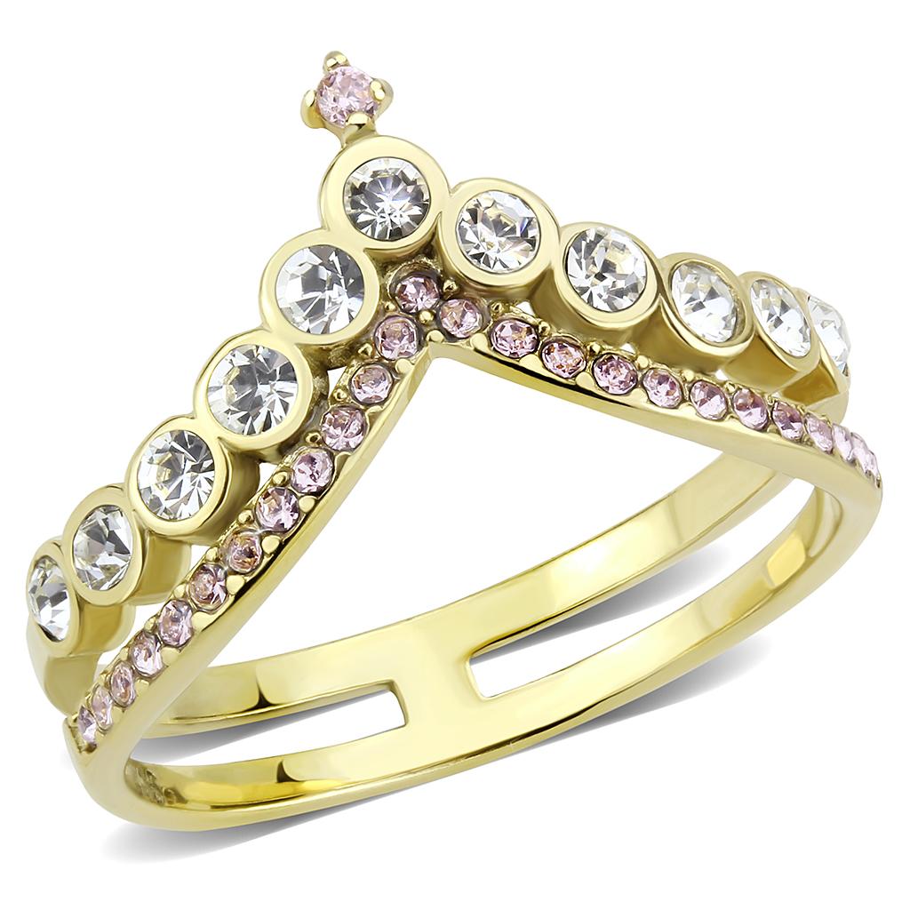 TK3587 IP Gold Stainless Steel Ring featuring AAA Grade CZ in rose color, showcasing its elegant design and luxurious finish.