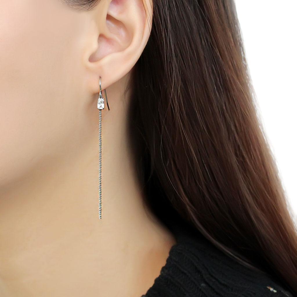 High polished stainless steel earrings featuring AAA grade clear CZ center stone, elegantly designed for a sophisticated look.