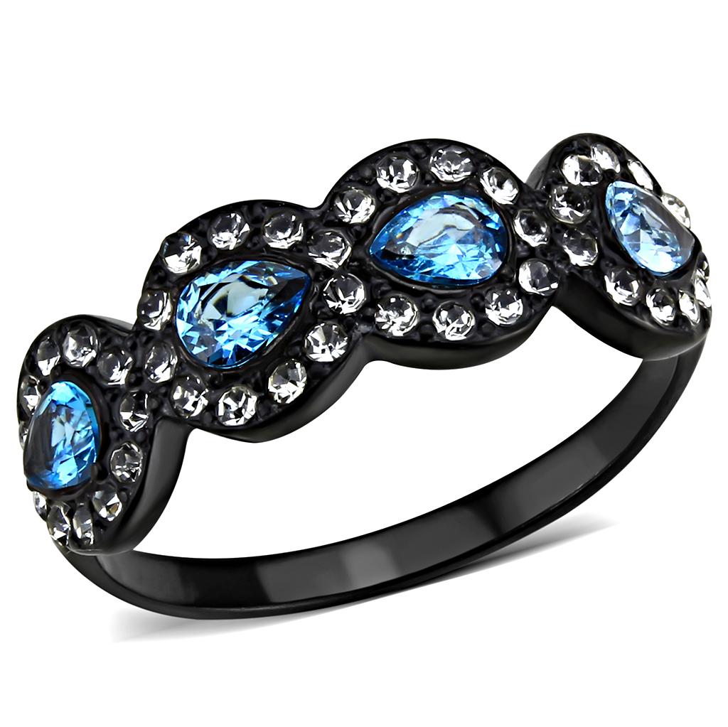 TK3559 IP Black Stainless Steel Ring featuring a AAA Grade CZ stone in sea blue, showcasing its elegant design and modern finish.