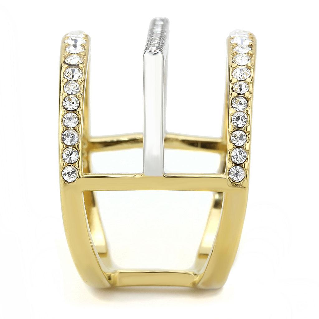 TK3593 Two-Tone IP Gold Stainless Steel Ring featuring a clear top-grade crystal centerpiece, showcasing a luxurious design.