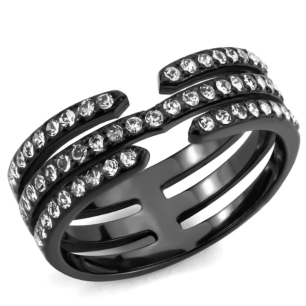 TK3594 IP Black Stainless Steel Ring featuring a clear top-grade crystal, showcasing a modern and elegant design.