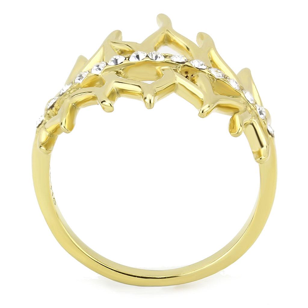 TK3595 IP Gold Stainless Steel Ring featuring a clear top-grade crystal centerpiece, showcasing its elegant design and luxurious finish.